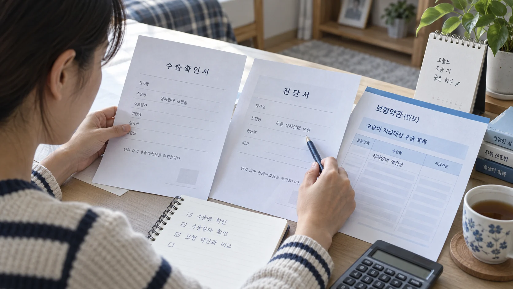 십자인대 재건술 보험 수술비는 몇 종? 상해 담보와 수술명 확인 관련 수술확인서와 약관을 대조하는 장면