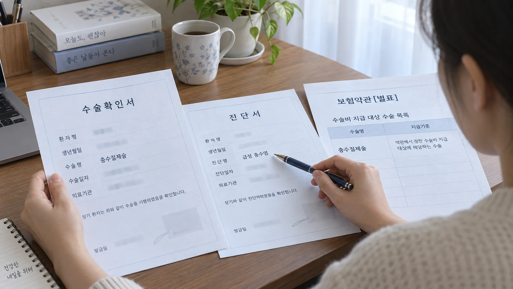 충수절제술 수술비, 복강경·개복 수술명과 분류표 확인 관련 수술확인서와 약관을 대조하는 장면