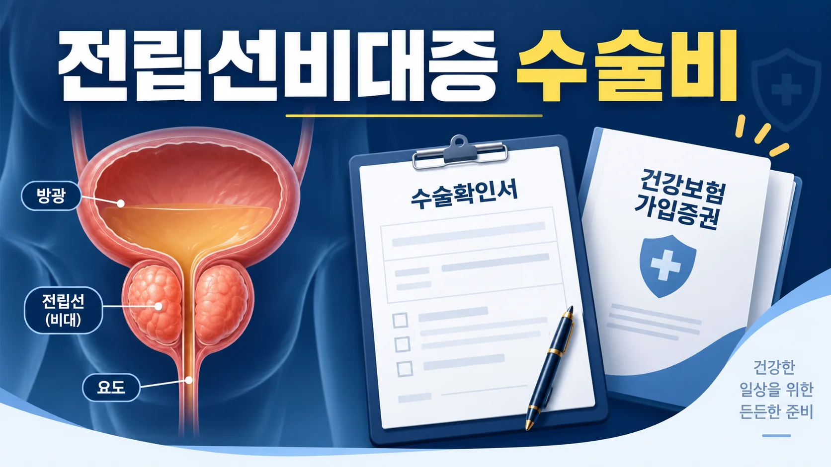전립선비대증 수술비를 확인할 때 병원 수술서류와 보험증권을 대조하는 설명 그림