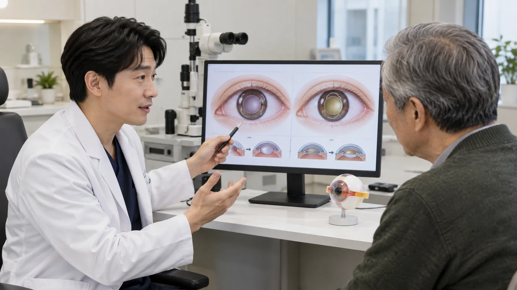 양쪽 눈 백내장 수술 날짜를 의료진에게 확인하는 장면