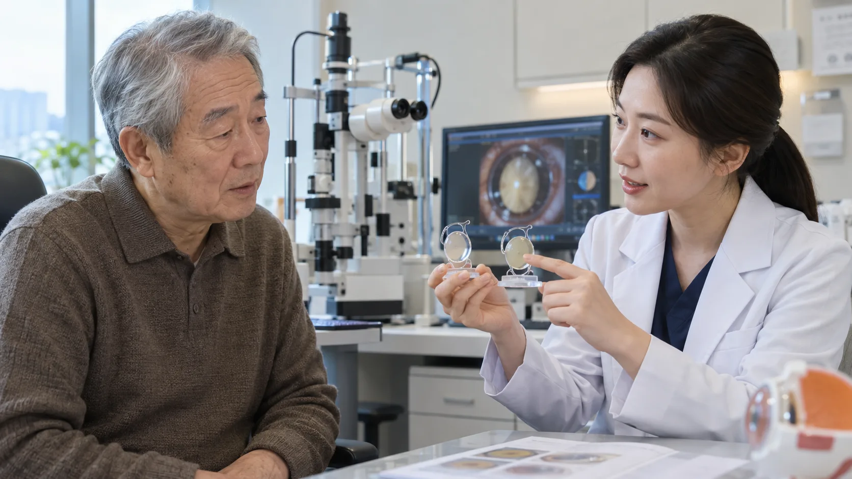 안과에서 백내장 수술과 인공수정체를 상담하는 장면