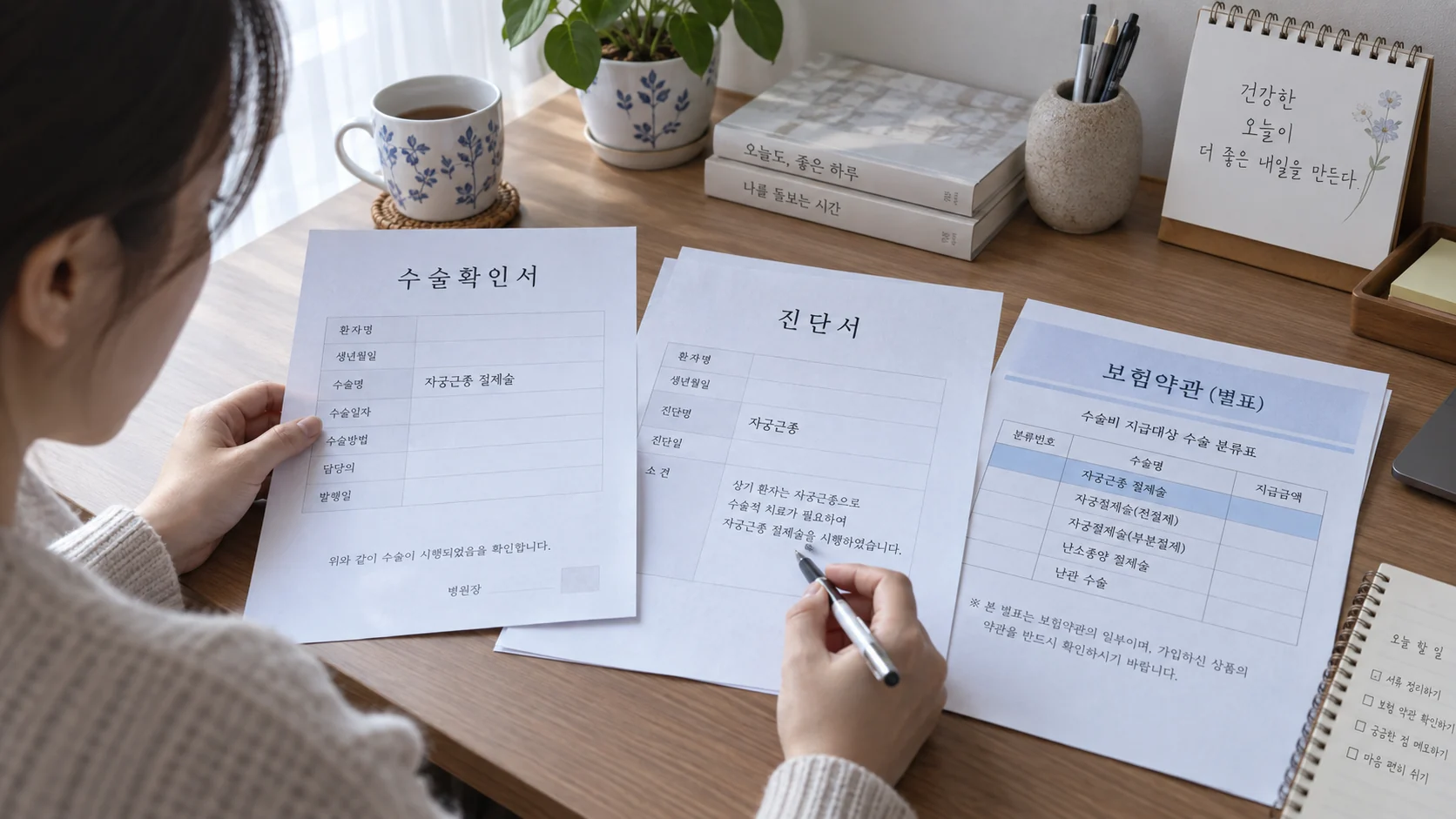 자궁근종 절제술 수술비, 자궁절제술과 청구 기준은 어떻게 다를까? 관련 수술확인서와 약관을 대조하는 장면