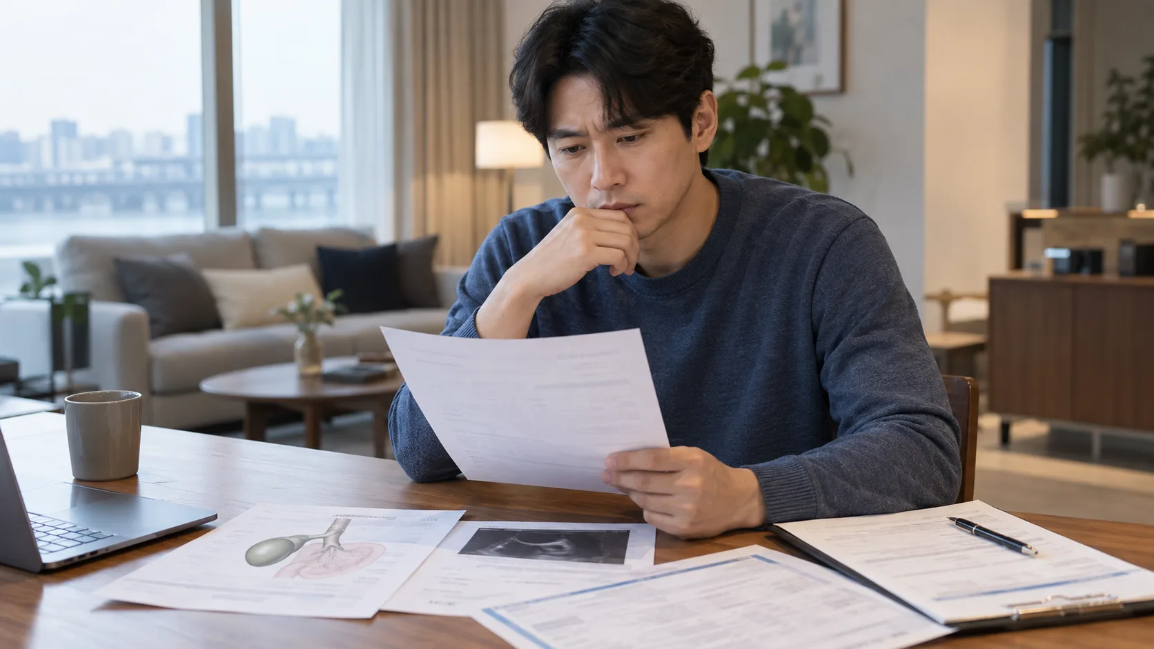 담낭절제술 수술확인서와 약관을 대조하는 장면