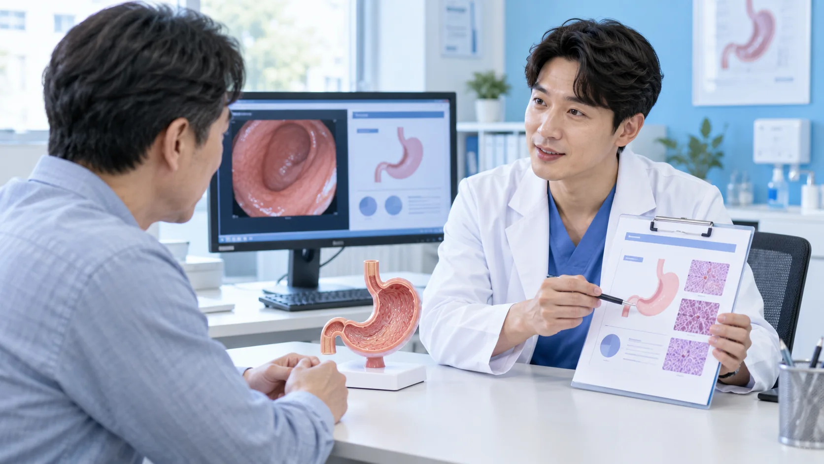 장상피화생 결과를 의료진과 확인하는 설명용 장면