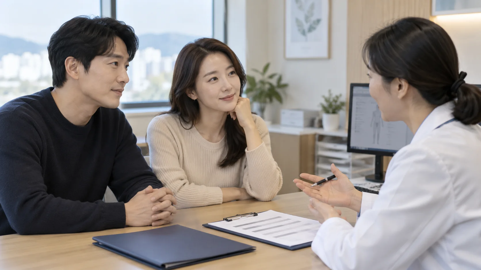 30대 건강검진 추가 상담을 위해 가족력과 이전 결과를 의료진에게 전달하는 장면