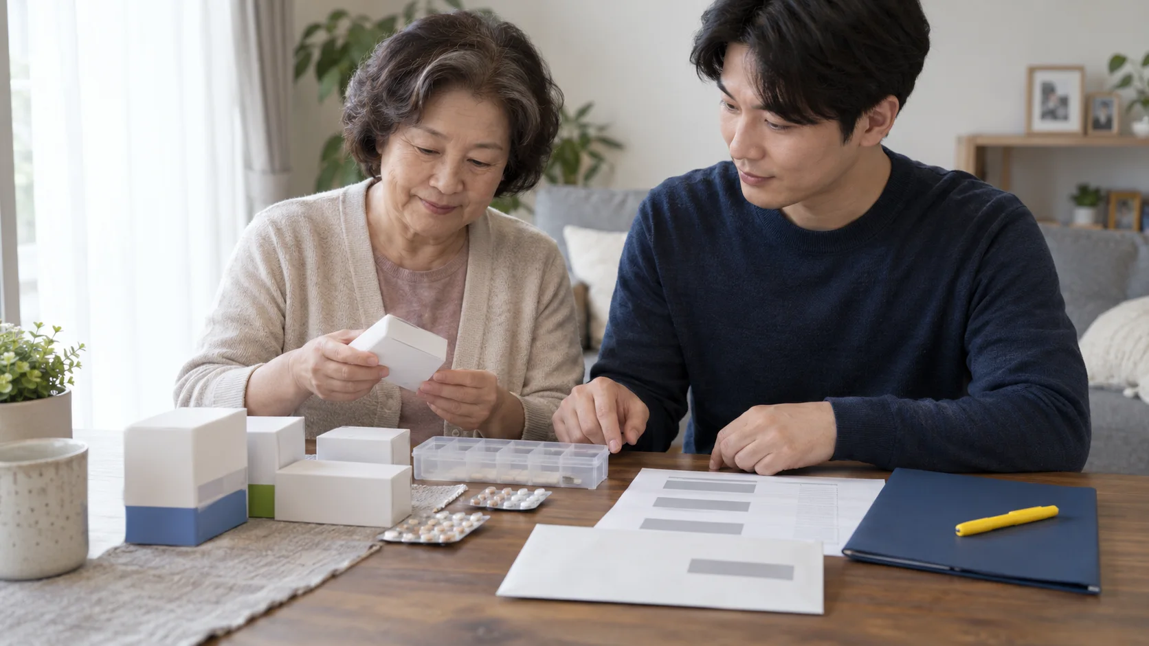 가족과 함께 복용약 목록과 이전 검진 자료를 준비하는 설명용 AI 장면
