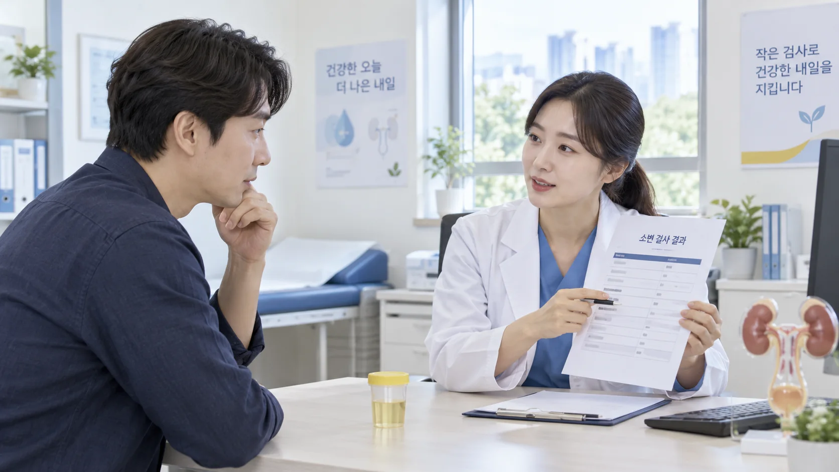 혈뇨 판정 결과를 의료진과 확인하는 설명용 장면