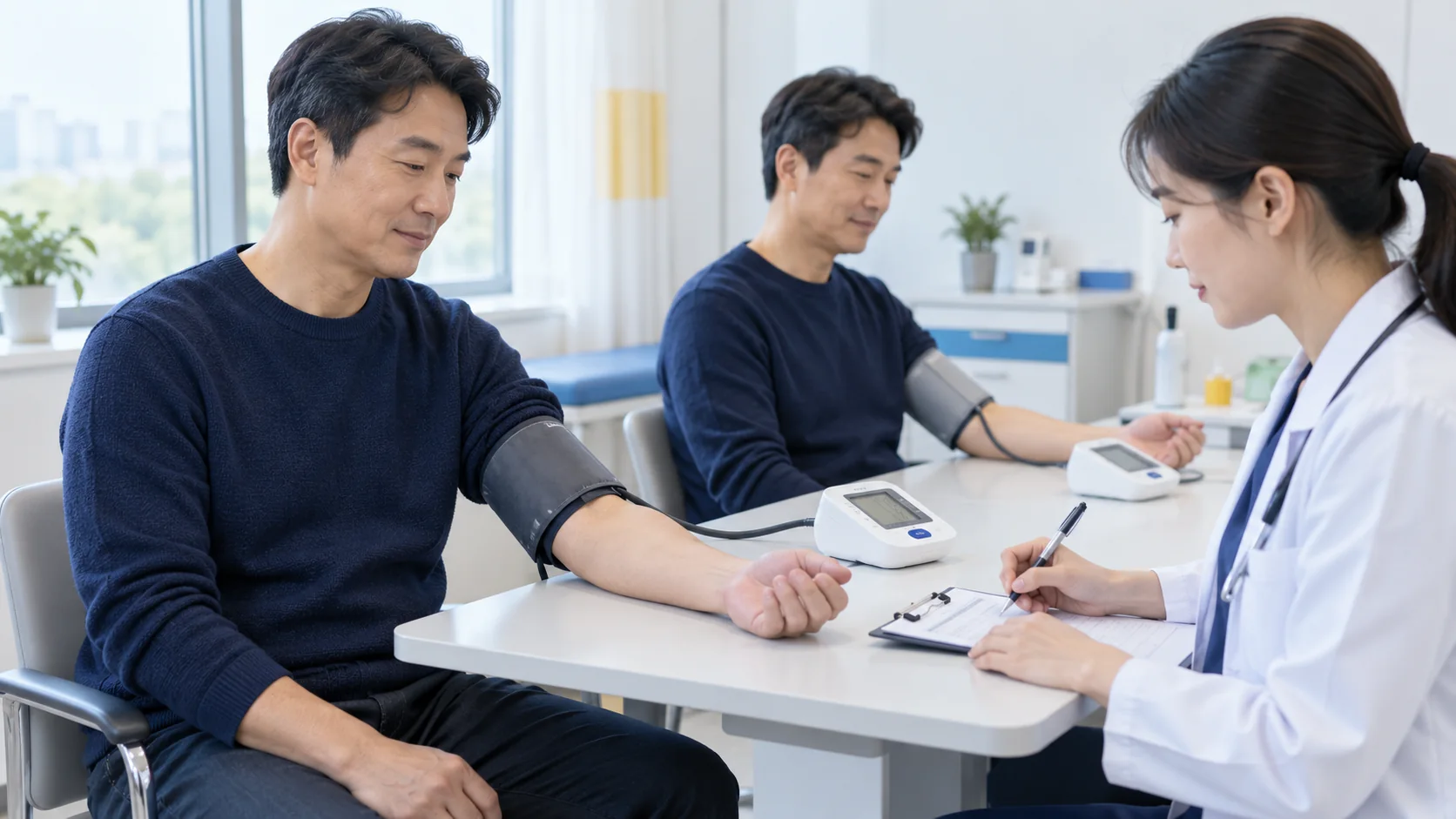 혈압 높음 결과를 의료진과 확인하는 설명용 장면
