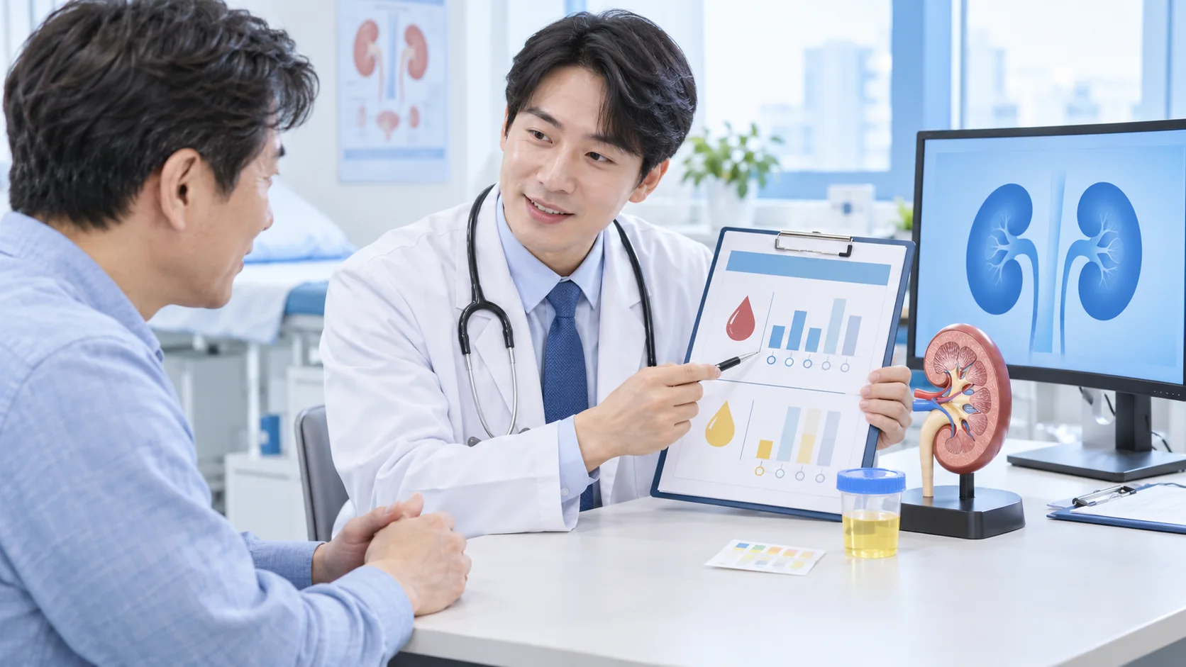 신장기능 저하 결과를 의료진과 확인하는 설명용 장면