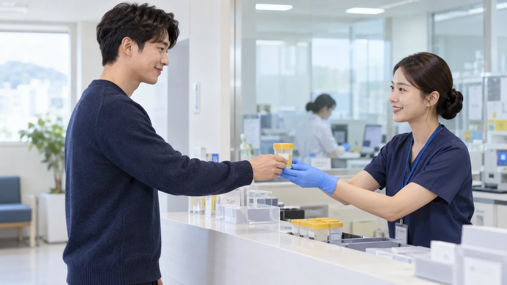 단백뇨 재검 결과를 의료진과 확인하는 설명용 장면