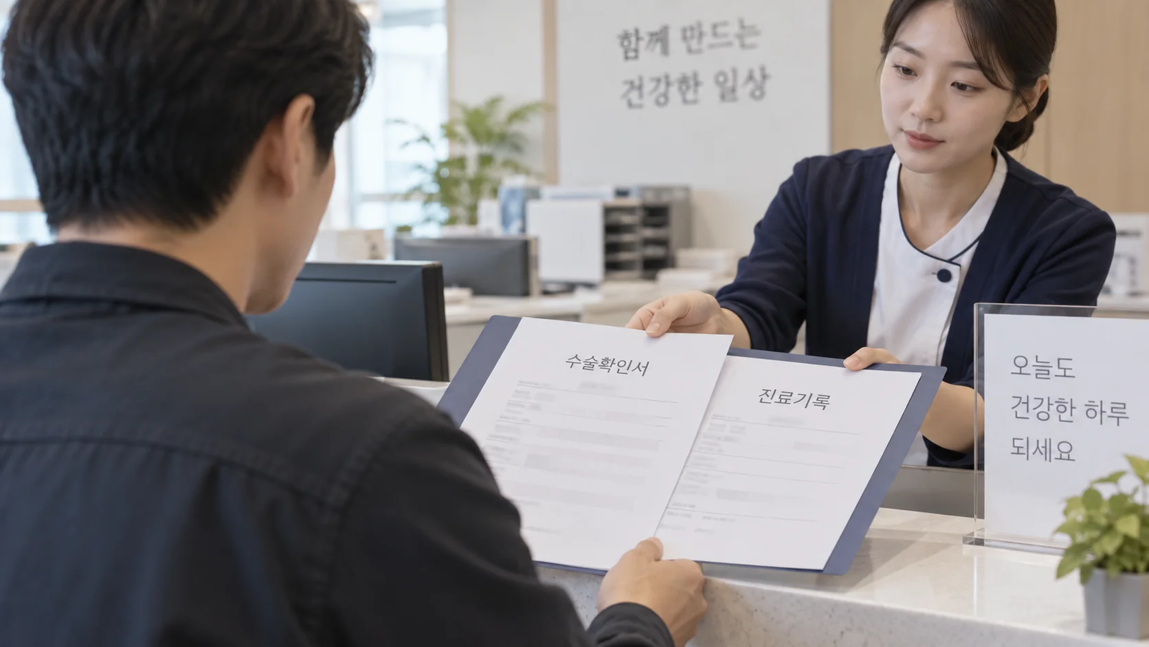상해 수술 후 병원에서 수술명과 날짜가 적힌 확인서를 받는 장면