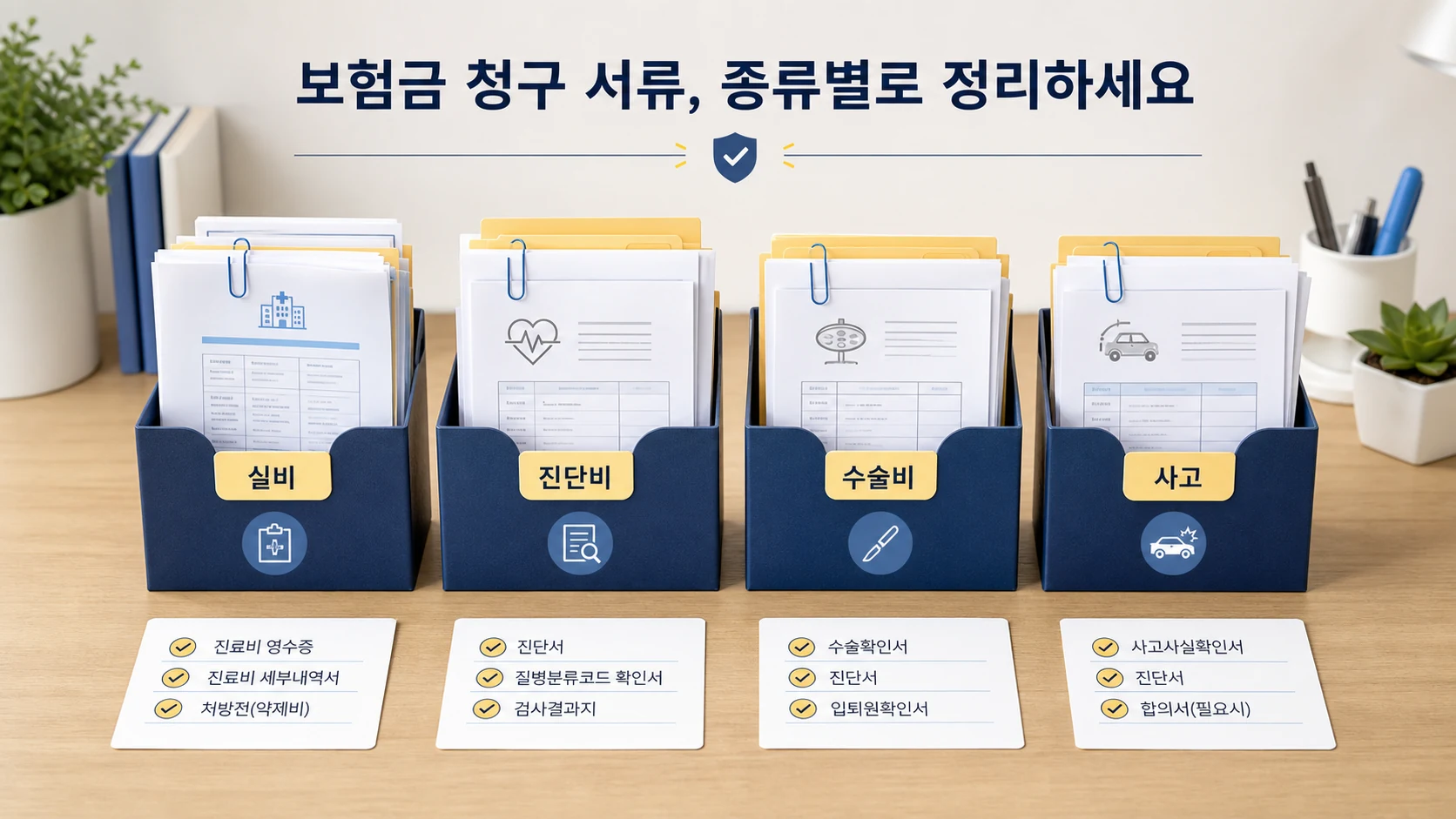 실비 진단비 수술비 사고 보험금 청구서류를 종류별로 정리한 이미지