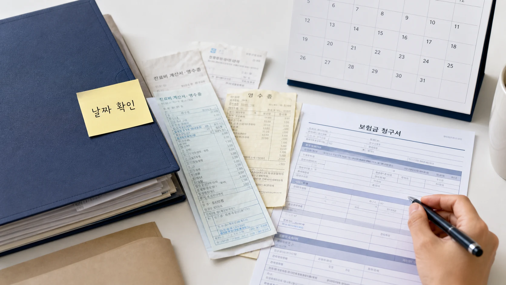 오래된 보험금 청구서류와 날짜를 확인하는 장면