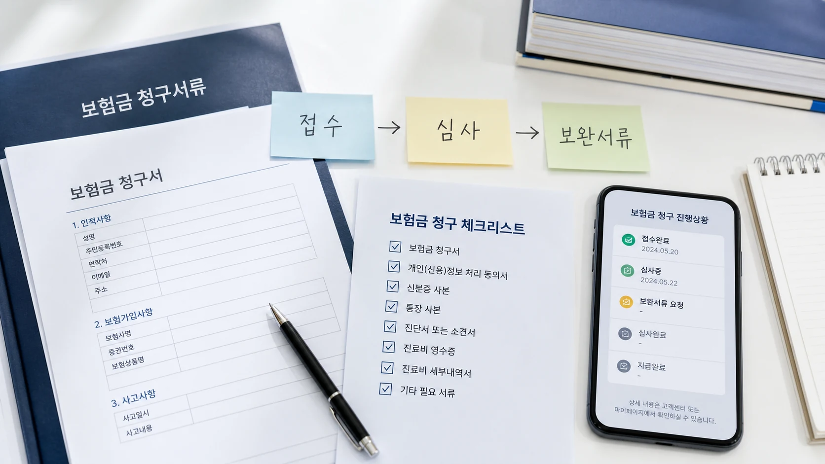 보험금 청구 절차에서 접수와 심사 보완서류를 확인하는 체크리스트 이미지