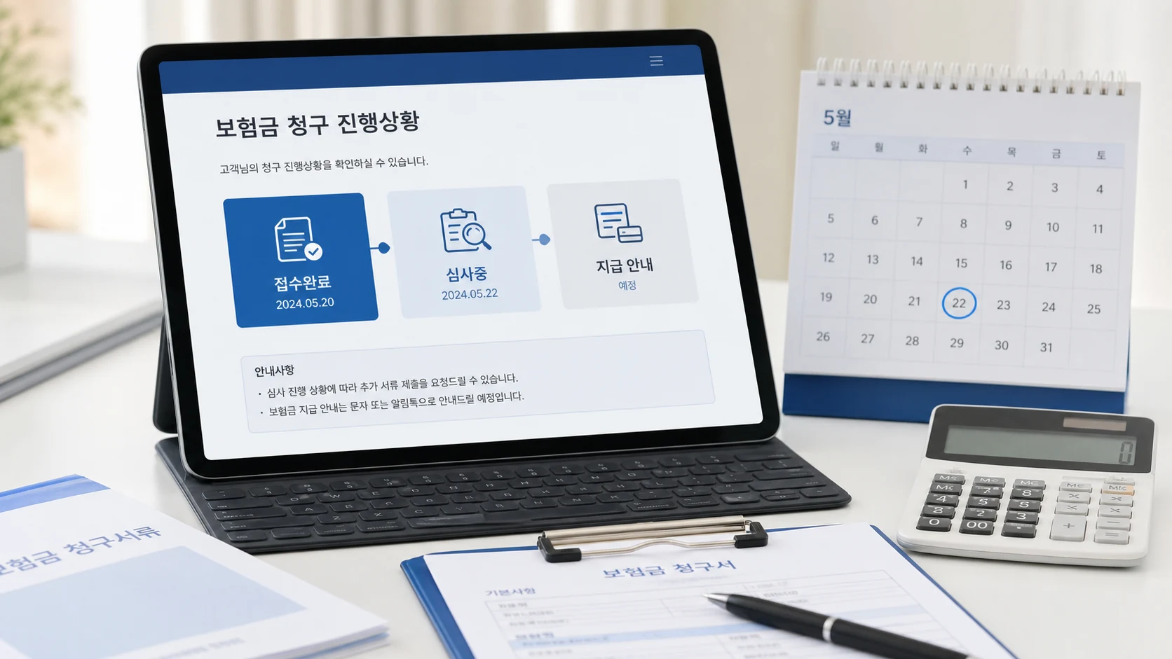 보험금 청구 절차에서 접수완료 심사중 지급 안내 상태를 확인하는 이미지