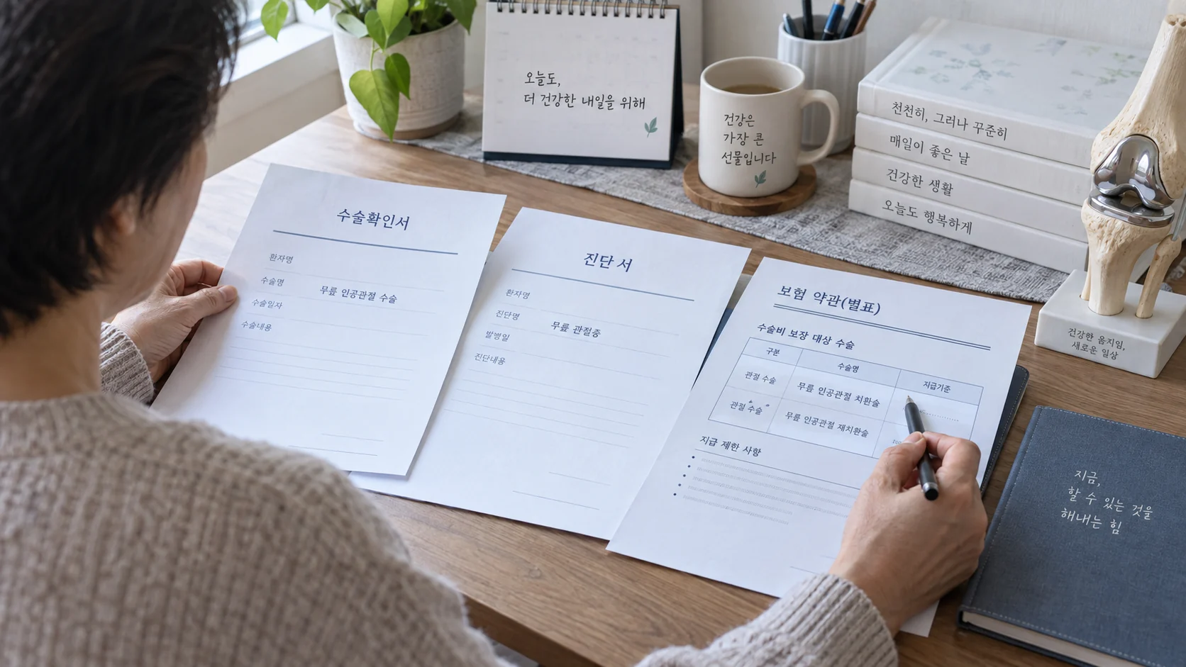 무릎 인공관절 수술비, 전치환·부분치환과 보험 청구 기준 관련 수술확인서와 약관을 대조하는 장면