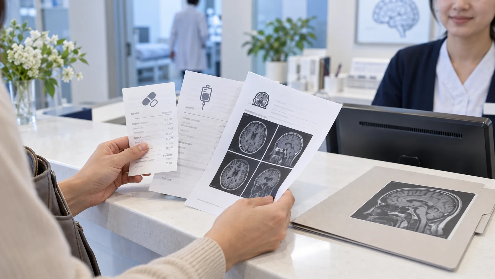 레켐비 치료 관련 방문 영수증과 MRI 검사 자료를 구분하는 장면