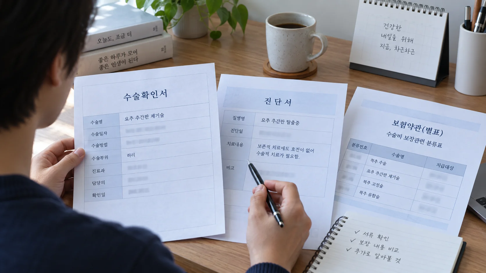 허리디스크 수술비 몇 종일까? 디스크절제·신경감압 기록 확인 관련 수술확인서와 약관을 대조하는 장면