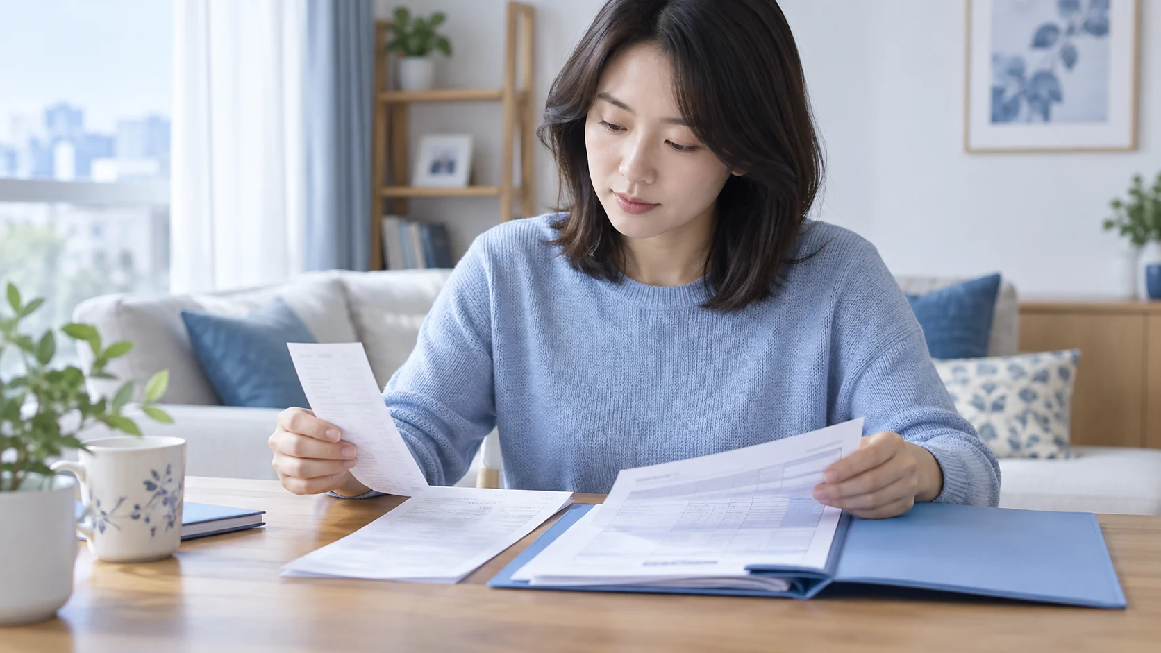 맘모톰 청구 전 병원 영수증과 진료비 세부내역서를 나란히 정리하는 장면