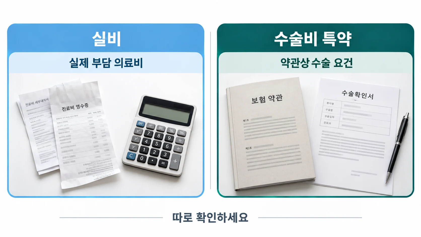 맘모톰 실비의 실제 의료비와 수술비 특약의 수술 요건을 나누어 설명하는 이미지