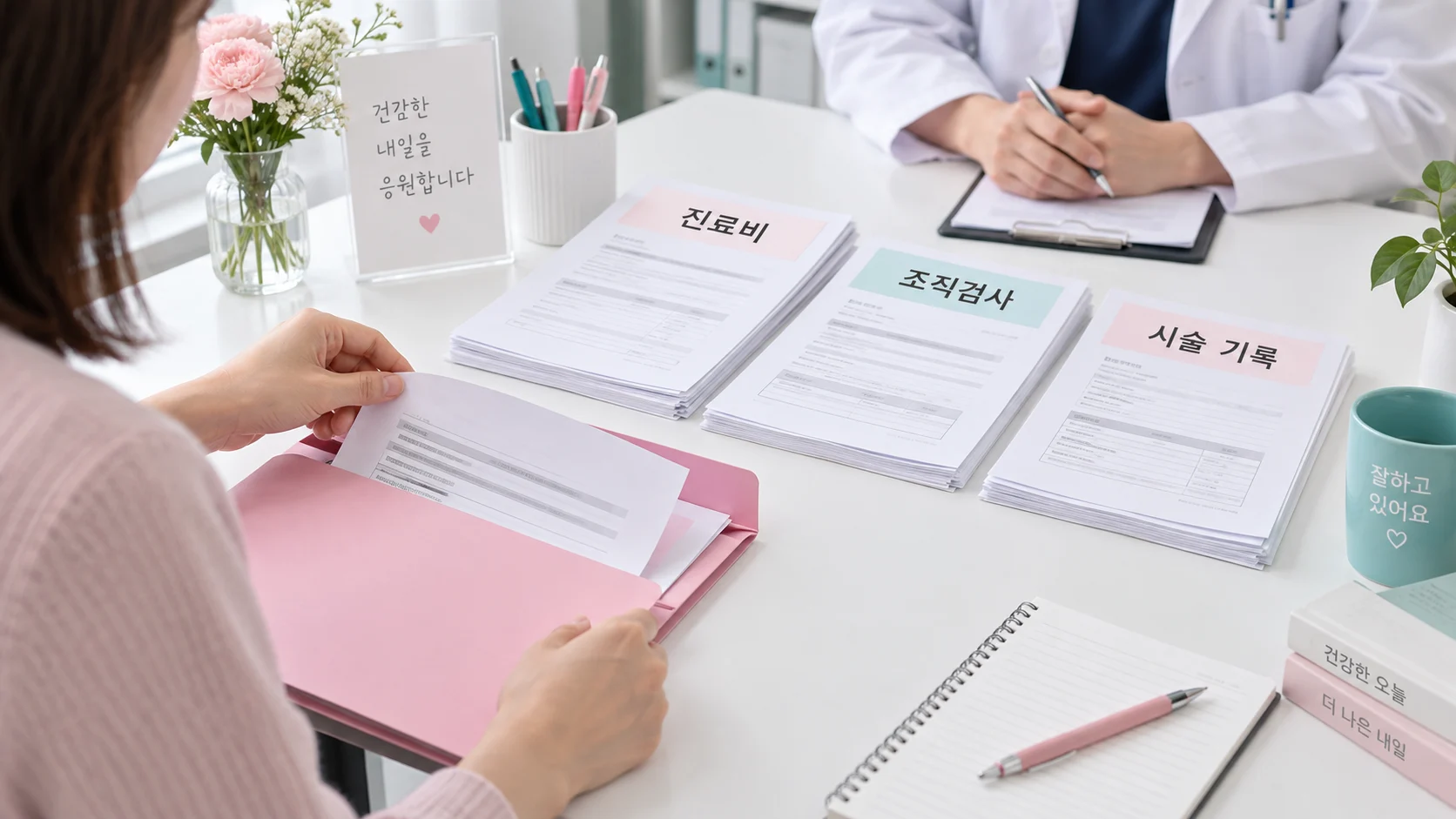맘모톰 실비 청구서류를 진료비·조직검사·시술 기록으로 나눠 준비하는 연출 장면