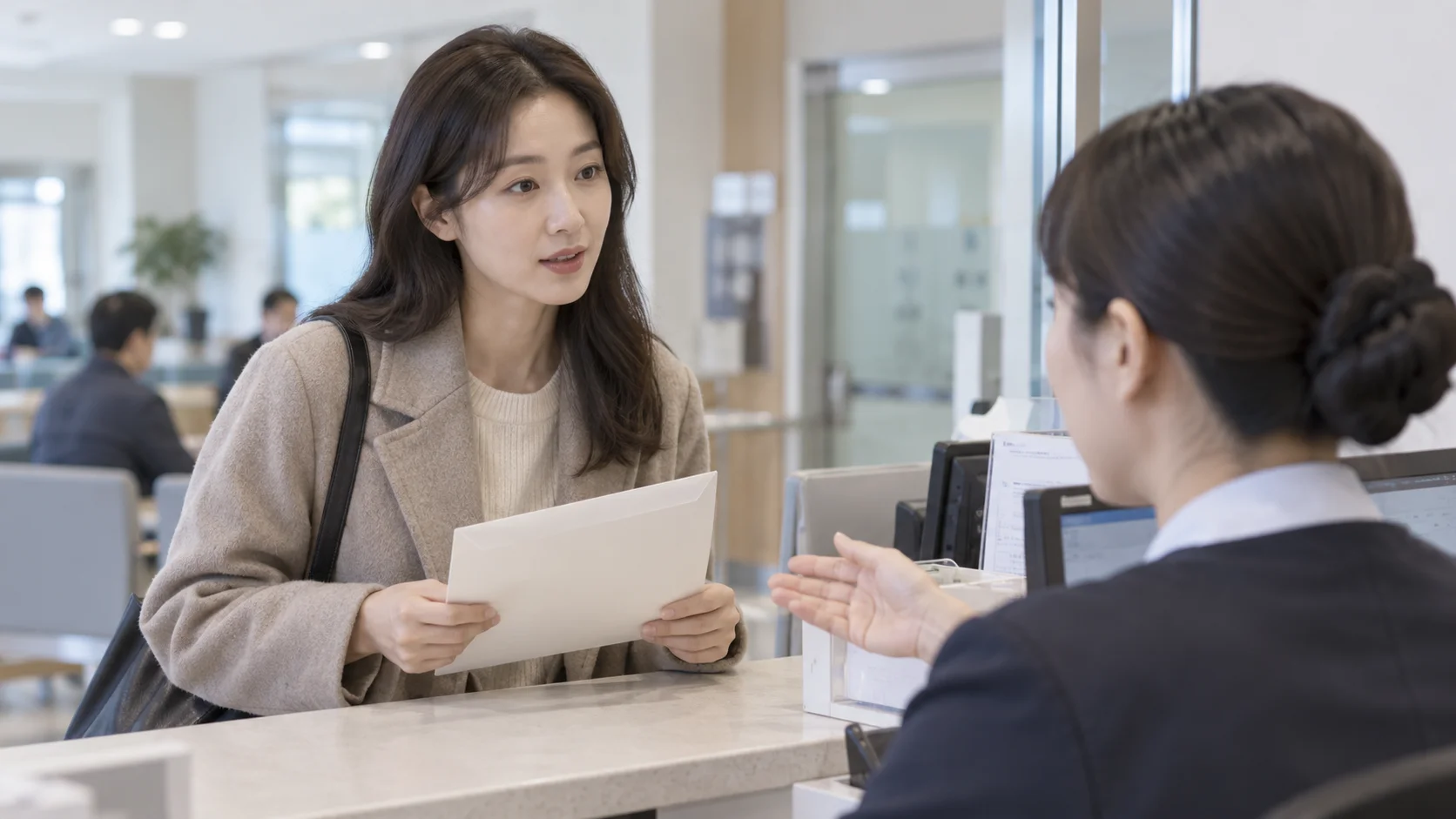 진단서 발급 전에 병원 원무 창구에서 서류 내용과 비용을 문의하는 설명용 장면