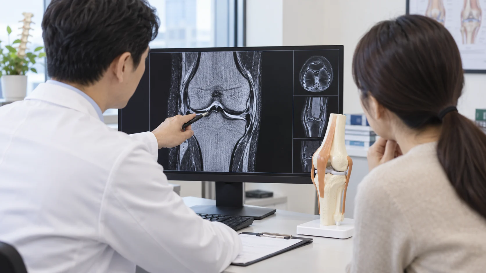 반월상연골판 MRI 소견과 예정된 수술 방법을 의료진에게 설명받는 연출 장면