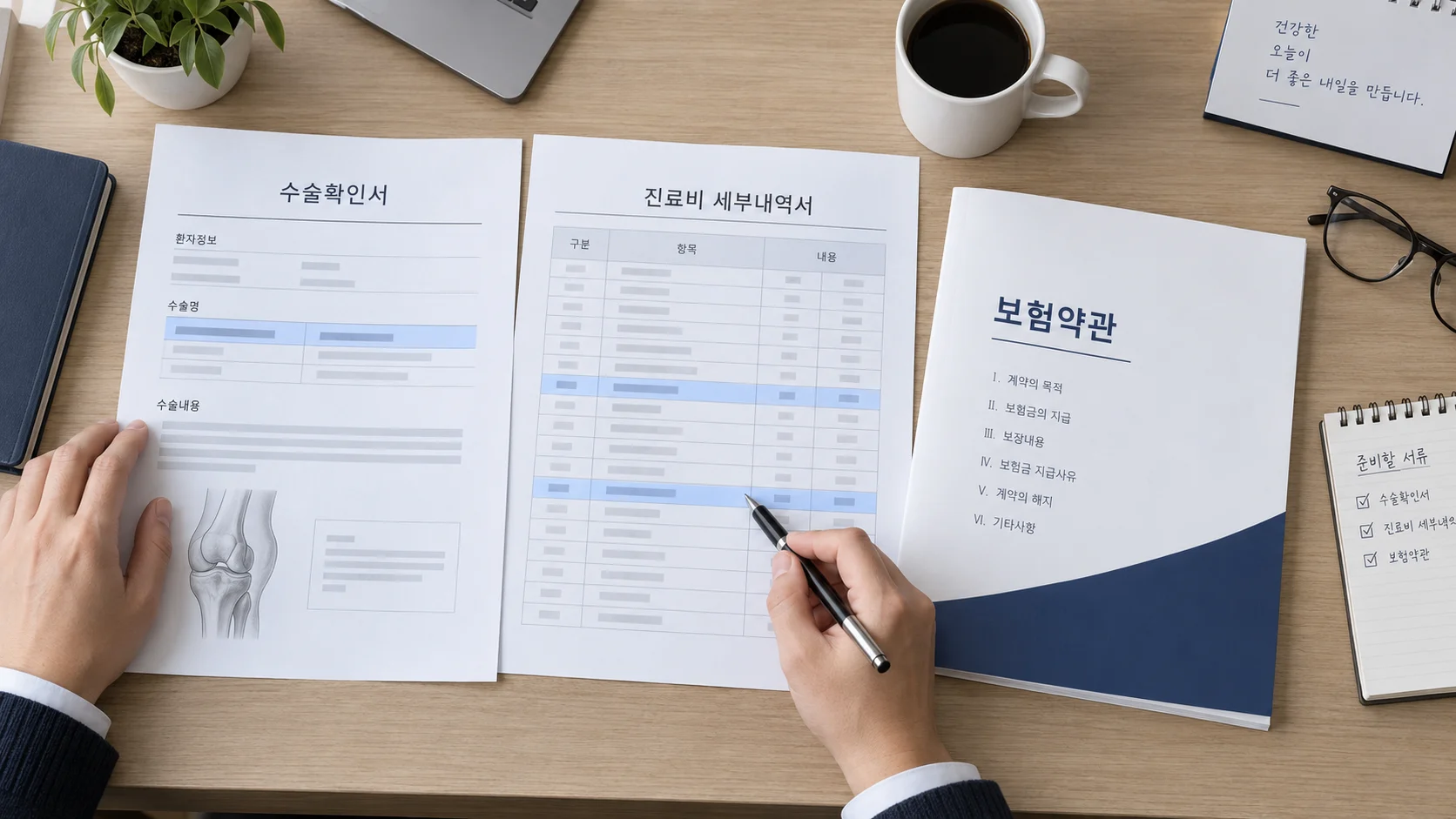 반월상연골판 수술확인서와 진료비 내역, 보험 약관을 비교하는 연출 장면