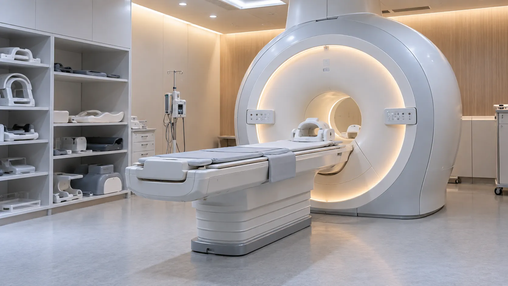 MRI 검사실의 촬영 장비와 환자 준비 장면