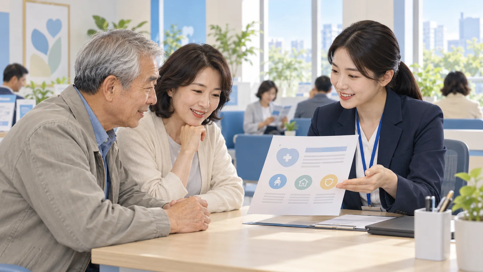 가족과 함께 공단 지급 안내를 상담하는 설명용 장면
