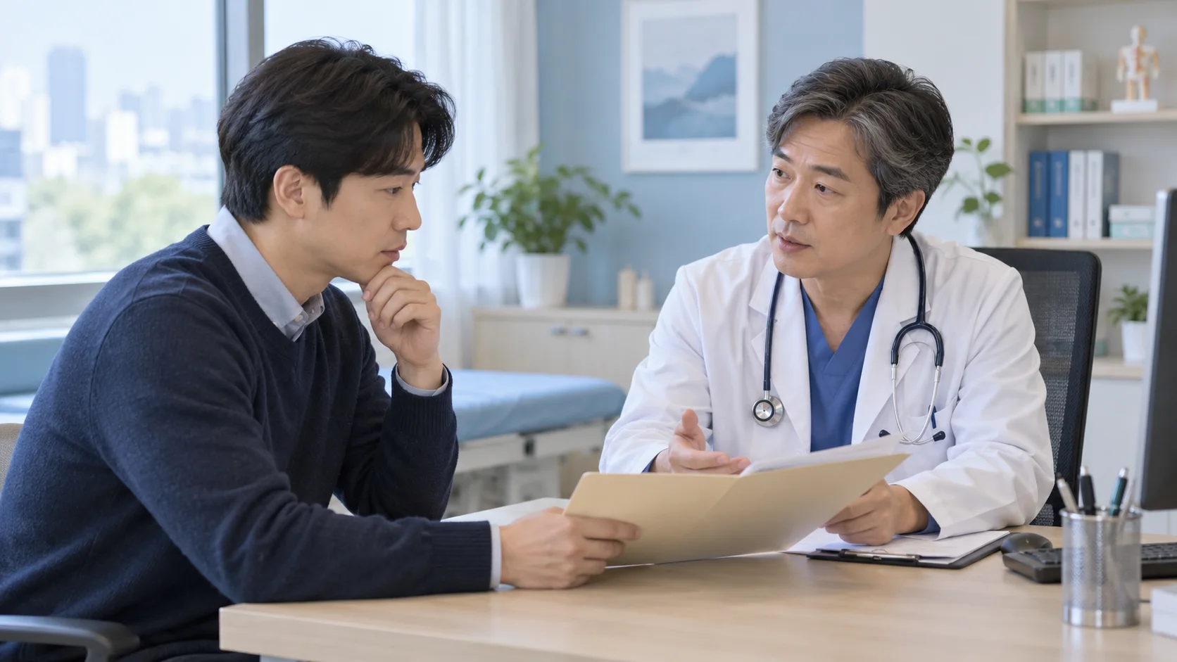 부모님 약 대리처방 가능 여부를 기존 진료기관 의료진에게 상담하는 설명 장면