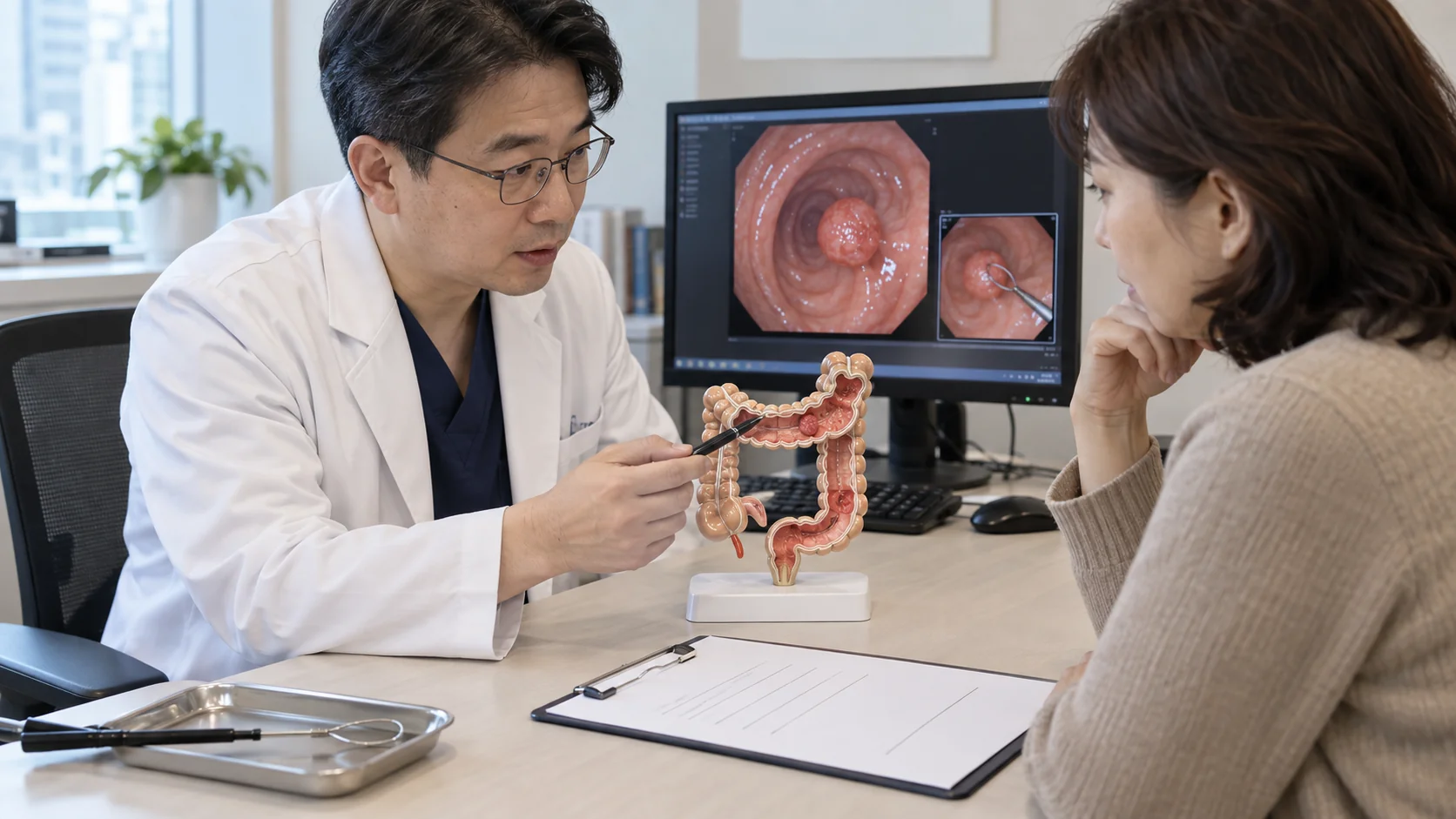 대장 용종 제거의 실제 수술명을 의료진에게 확인하는 장면