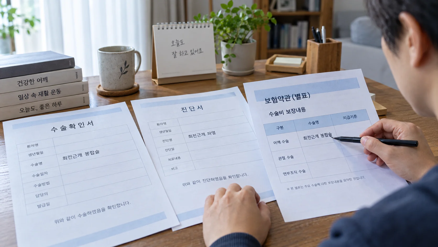 회전근개 봉합술 수술비, 어깨 관절경 기록에서 확인할 것 관련 수술확인서와 약관을 대조하는 장면