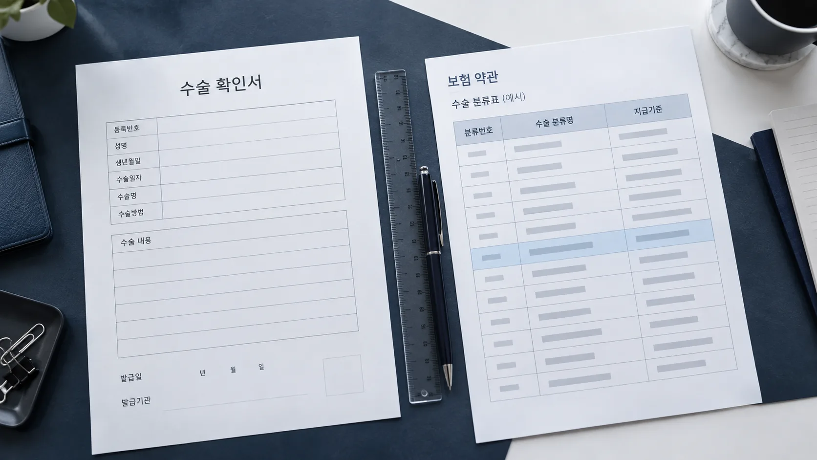 수술확인서의 실제 수술명과 약관 수술분류표를 비교하는 예시 장면