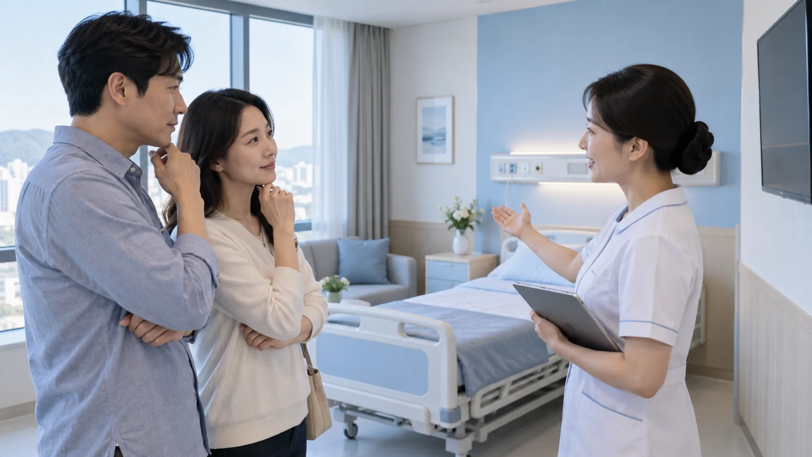 병원 직원에게 1인실 이용 비용과 적용 기준을 묻는 장면