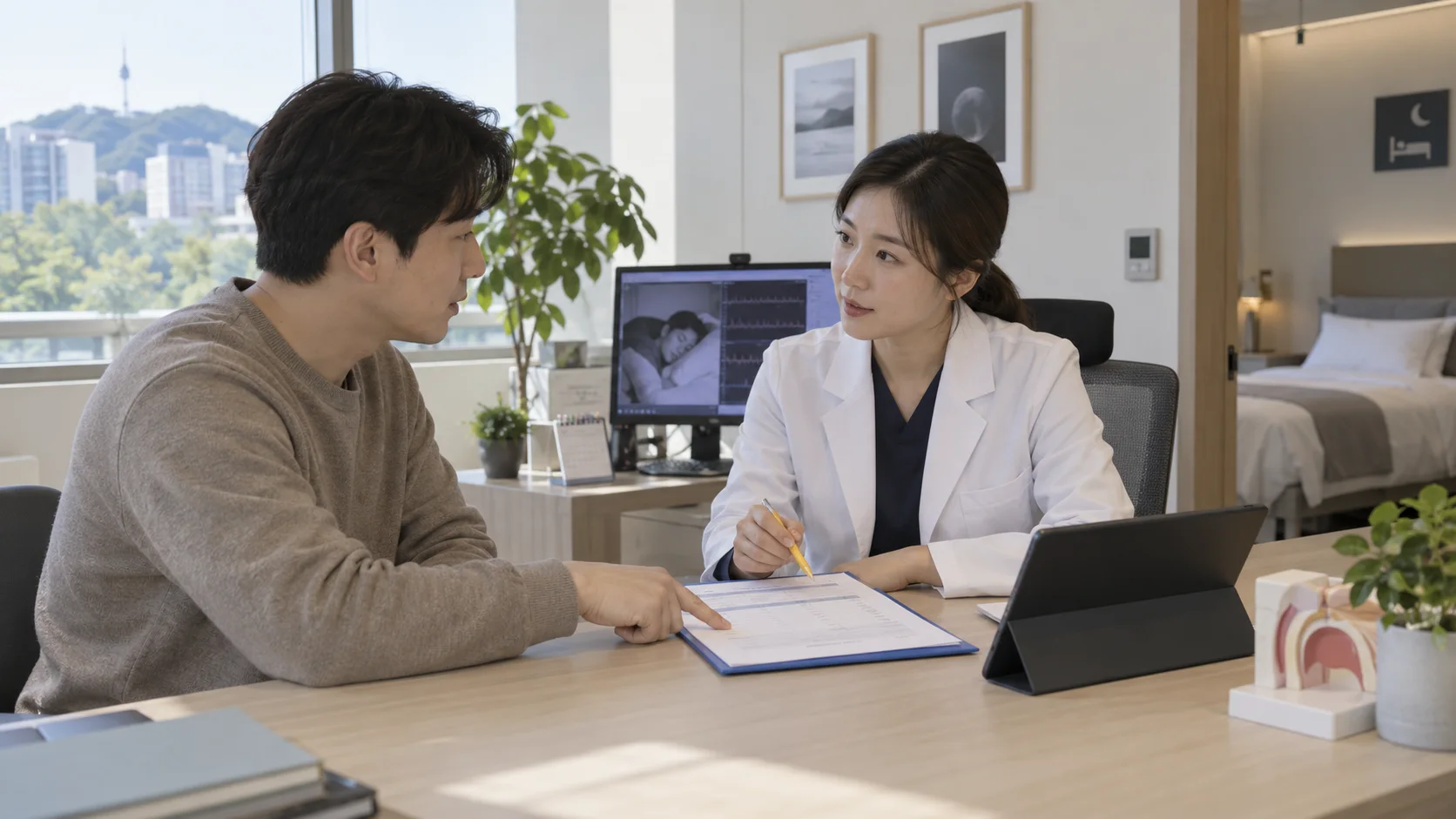 수면다원검사 예약 전 급여 여부와 총비용을 의료기관에 확인하는 설명용 장면