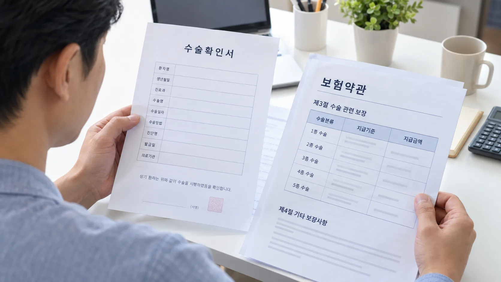 가입한 보험 약관과 수술확인서를 나란히 대조하는 장면
