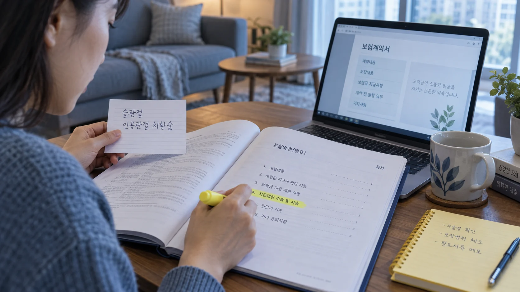 가입 당시 보험 약관과 병원 수술기록의 행위를 나란히 대조하는 장면