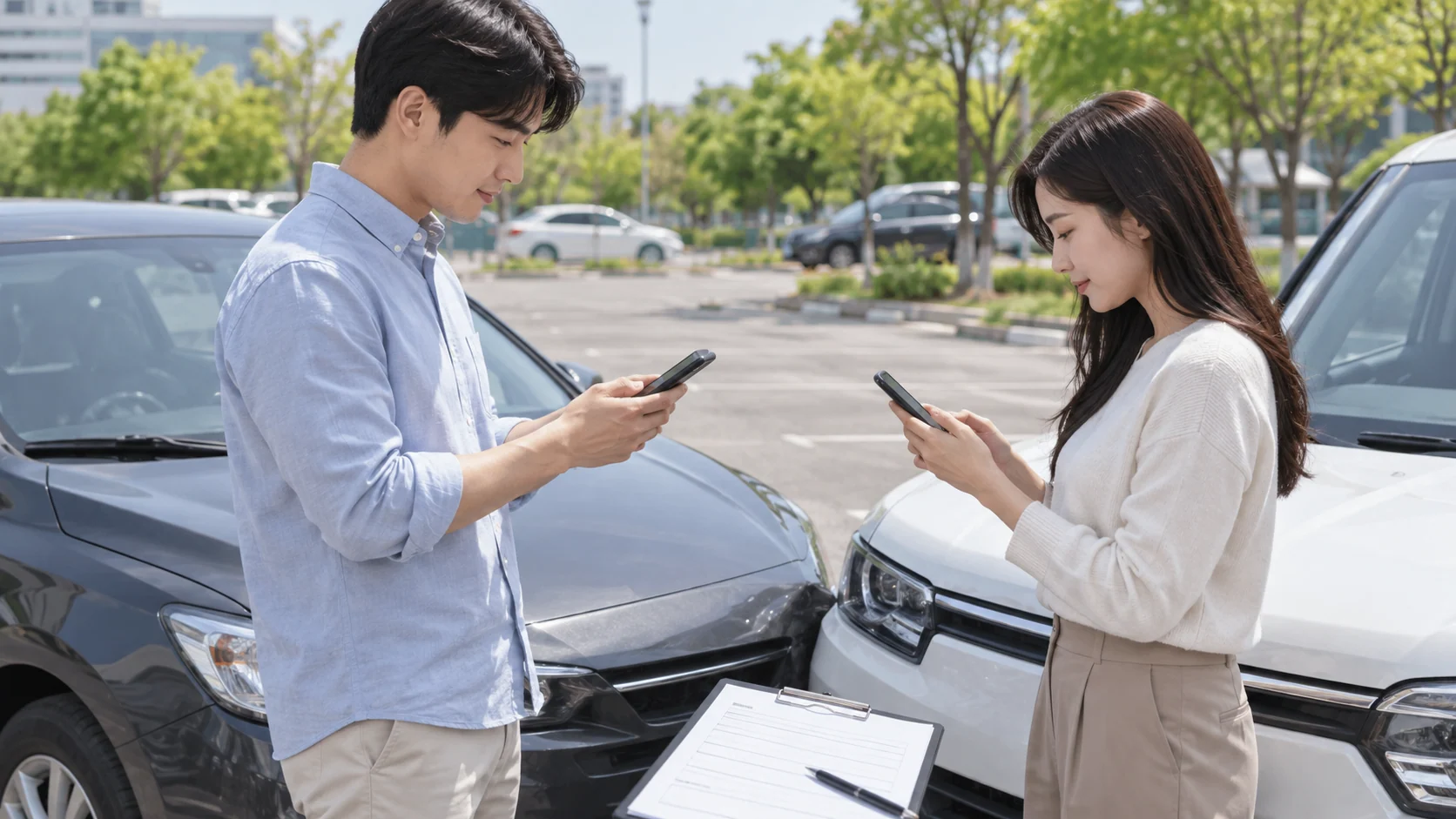 가벼운 접촉사고 뒤 안전한 장소에서 연락처를 확인하는 두 운전자
