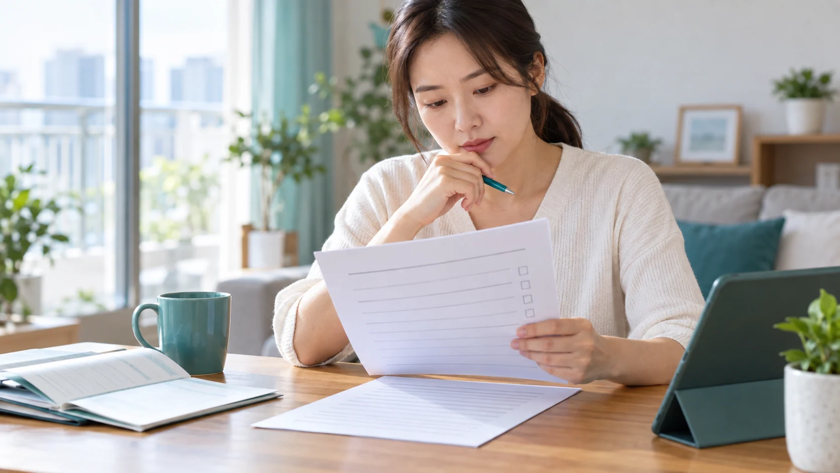 가입 전에 진료 기록을 보며 청약서 질문을 확인하는 사람