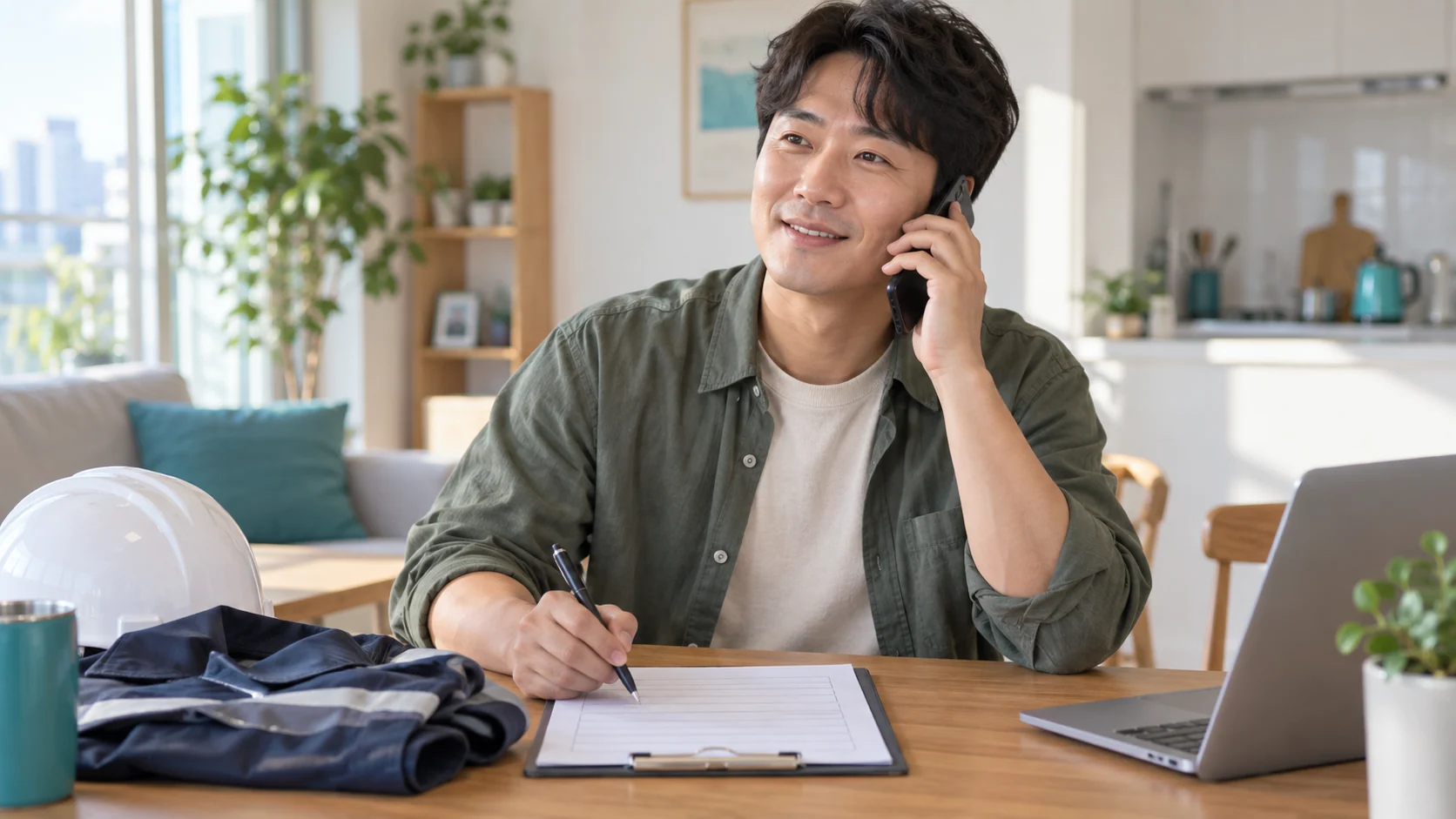 새 작업복과 안전모 옆에서 직업 변경을 보험사에 알리는 전화 장면