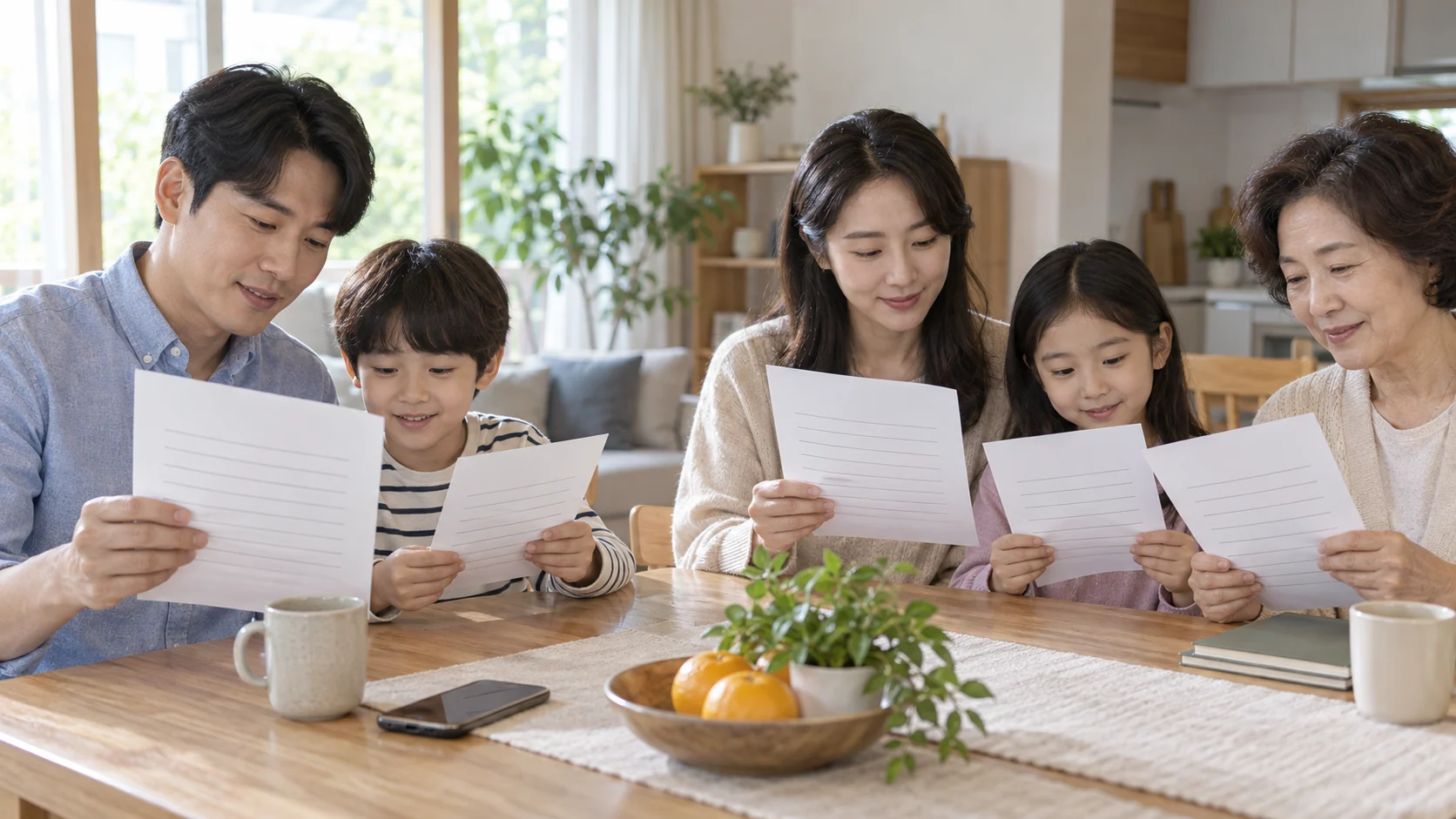 가족 구성원이 식탁에서 각자의 보험증권 이름을 확인하는 장면