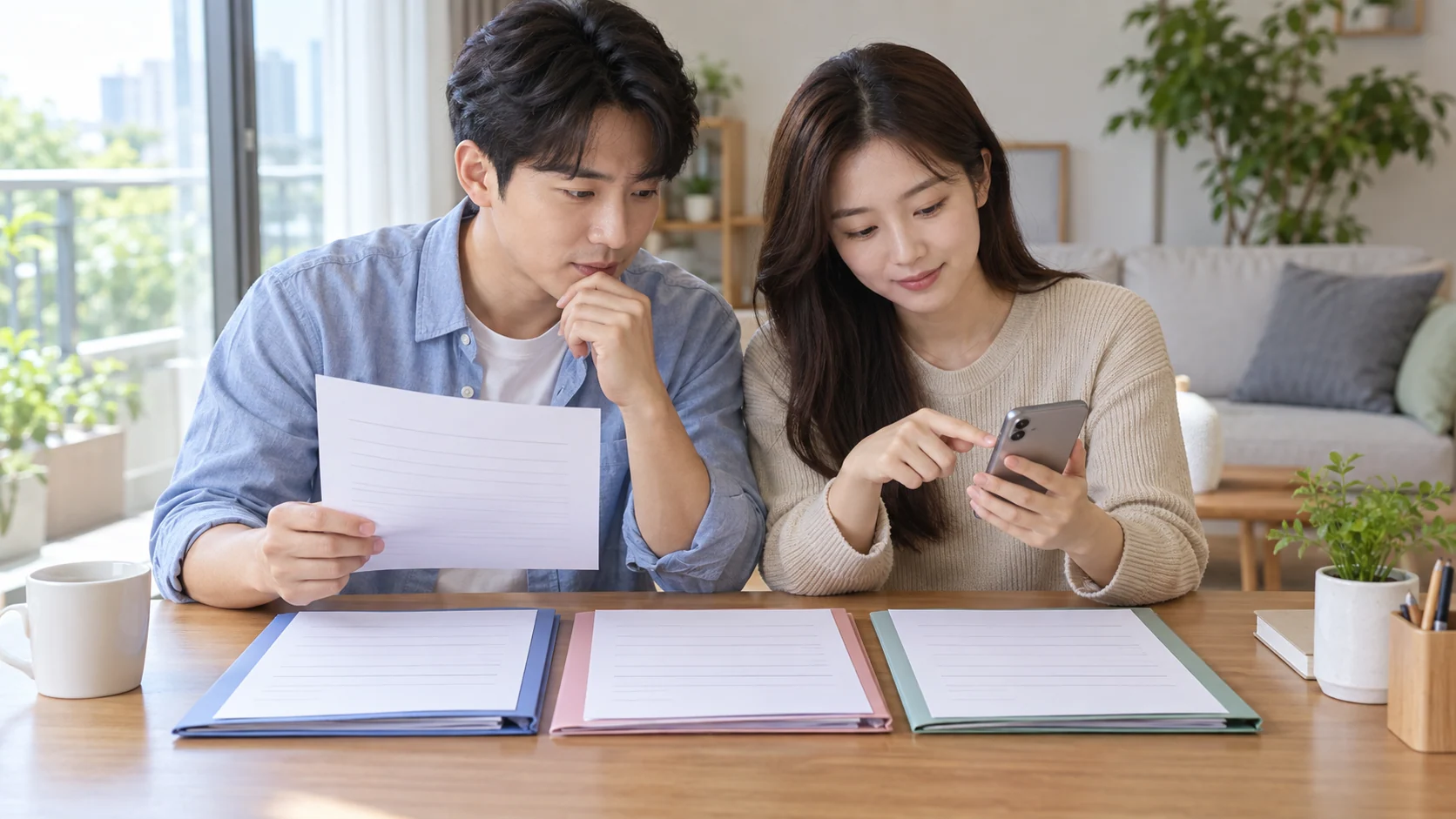 세 개의 개인 서류 파일과 보험금 수령 계좌를 점검하는 장면