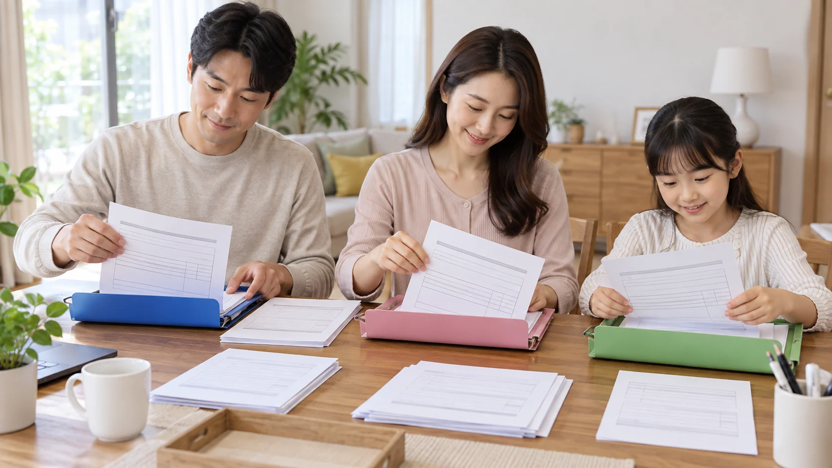 집에서 가족의 진료·상해·돌봄 자료를 각각 정리하는 장면