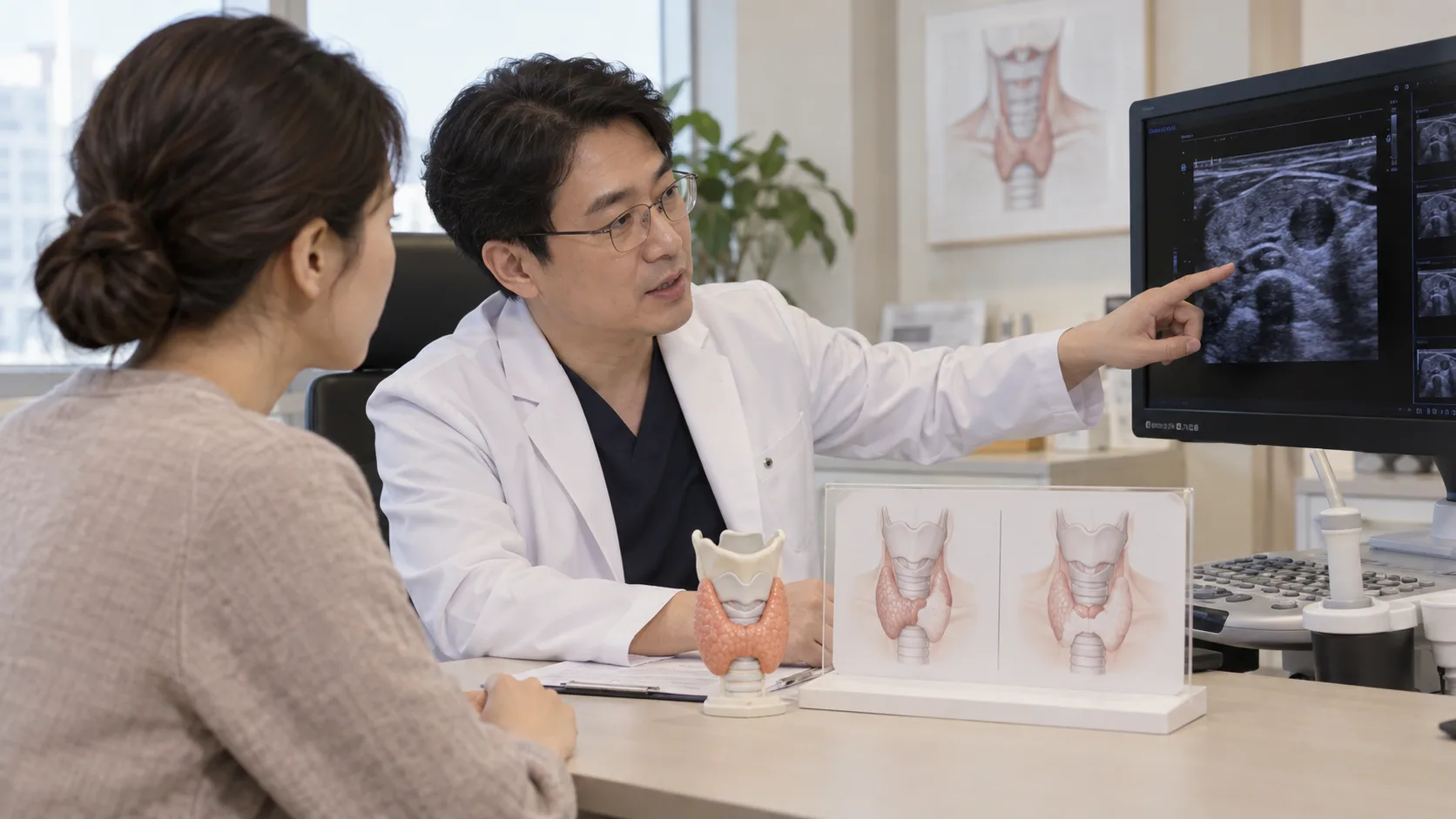 갑상선 초음파와 수술 방법을 상담하는 장면