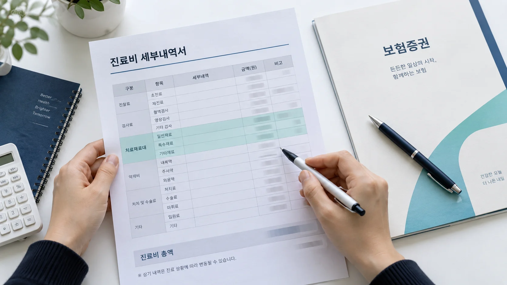 설명용 진료비 세부내역서에서 치료재료대 항목을 살펴보는 연출 장면