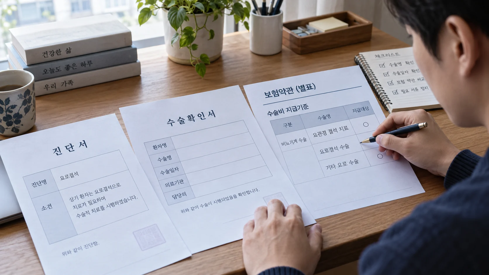 요관경 결석 제거 수술비, 체외충격파 치료와 보험 기준 차이 관련 수술확인서와 약관을 대조하는 장면
