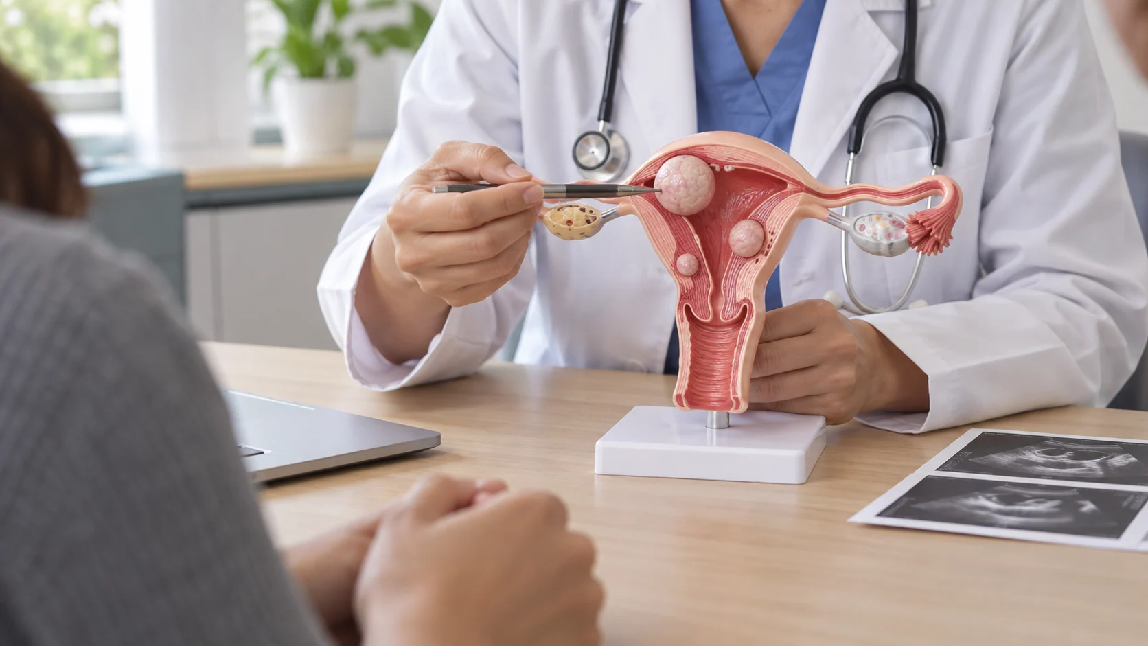 자궁근종 위치와 치료 방법을 의료진과 확인하는 장면