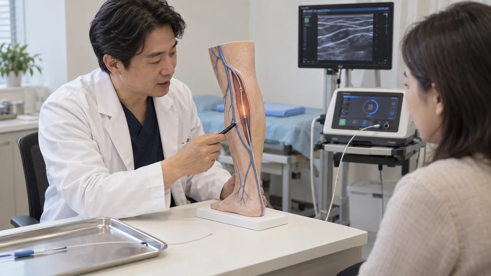 하지정맥류 고주파 치료 방법을 다리 정맥 모형으로 설명하는 장면