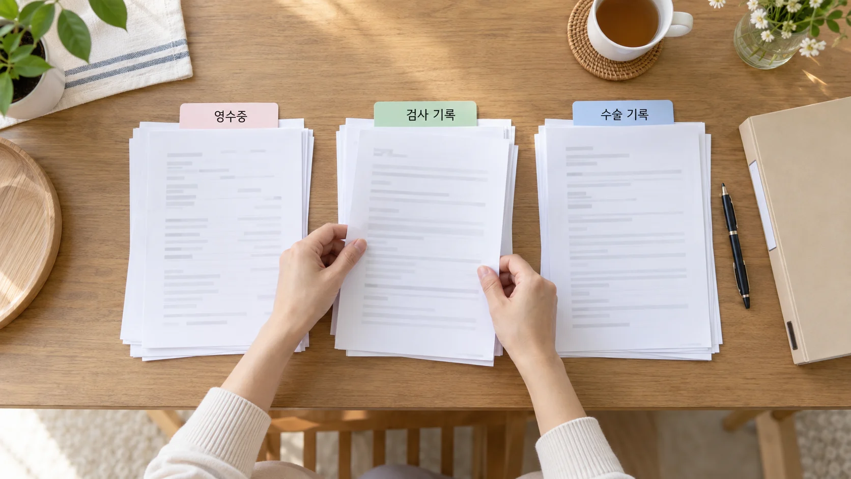하지정맥류 청구서류를 영수증·검사 기록·수술 기록으로 구분하는 연출 장면